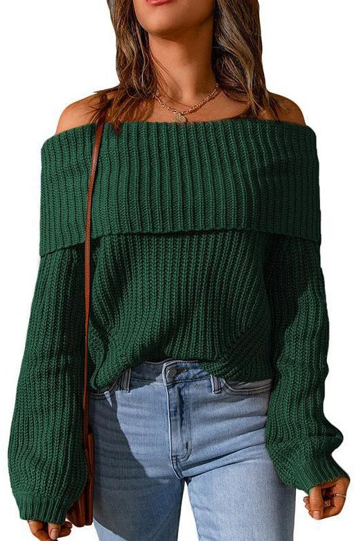 Dark Green Off Shoulder Knitted Sweater Mesh Blend Leather Blend Suede Blend