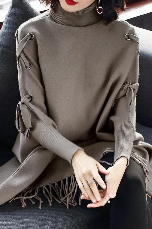 Dolman Sleeve Lace-Up Sweater Graphic Sweater Embroidered Appliqued