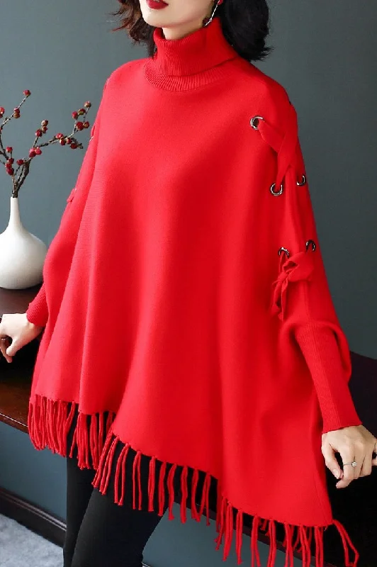 Dolman Sleeve Lace-Up Sweater Turtle Neck Boat Neck Asymmetrical Neck