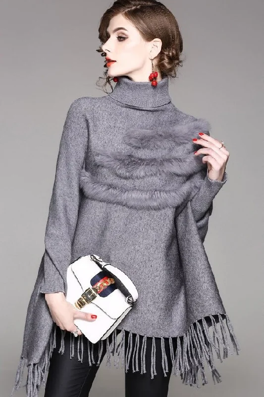 Dolman Sleeve Sweater W/ Fringe Handmade Hand-knitted Hand-woven