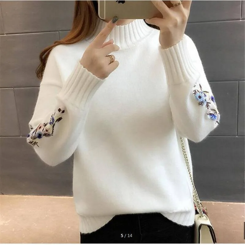 Floral Sleeves Turtleneck Women's Sweater