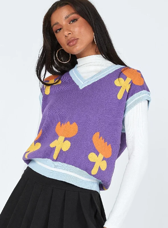 Flourishing Sweater Vest Purple Boat Neck Shawl Collar Notched Collar