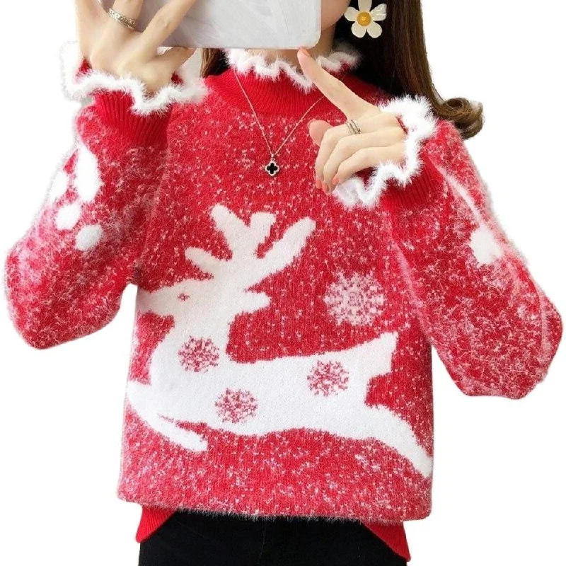 Fluffy Reindeer Christmas Cashmere Sweater: With Reindeer and snow print.