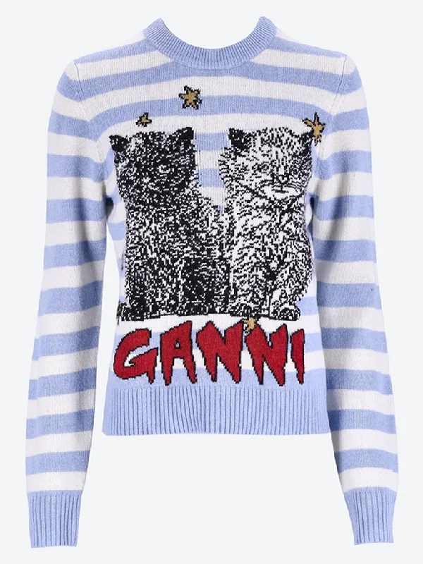 Striped graphic wool mix cats crewneck sweater Open Front Closed Front Wrap Front