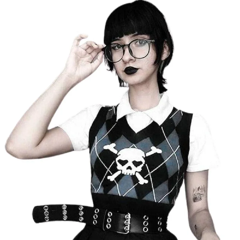 Gothic Skull And Crossbones Print Sweater Vest Sleeveless Jumper Women's Jumper Girls Jumper Goth Rock Fashion Heart Eyes Collared Crew Neck Turtle Neck