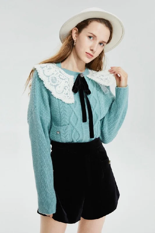 Wool Sweater W/ Crochet Collar Fleece Fabric Down Fabric Feather Fabric