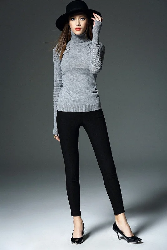 High Neck Sweater W/ Laser Cutout Solid Print Embellished