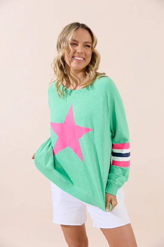 Holiday Sweater - Green/Pink Star Zippered Front Buttoned Front Snap Front