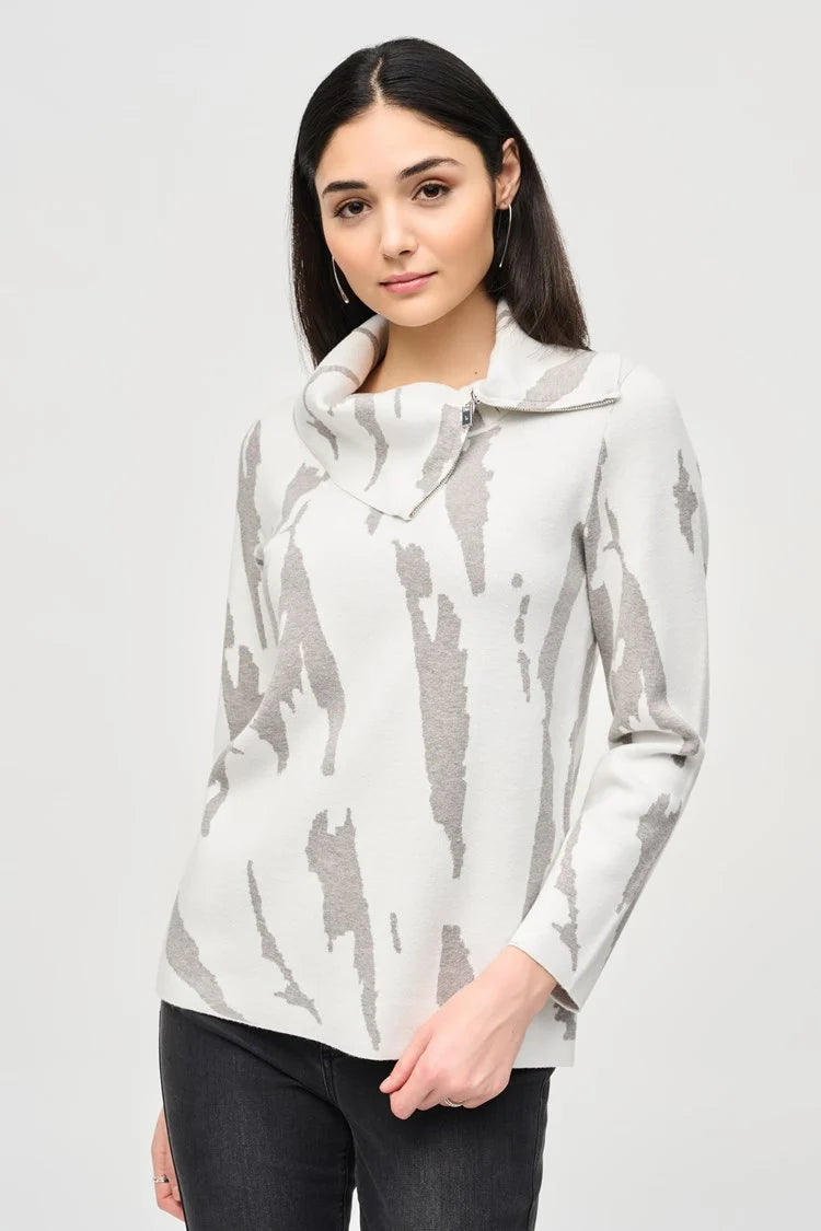 Jacquard Sweater Knit Cowl Neck - Vanilla and Grey Fitted Loose Oversized