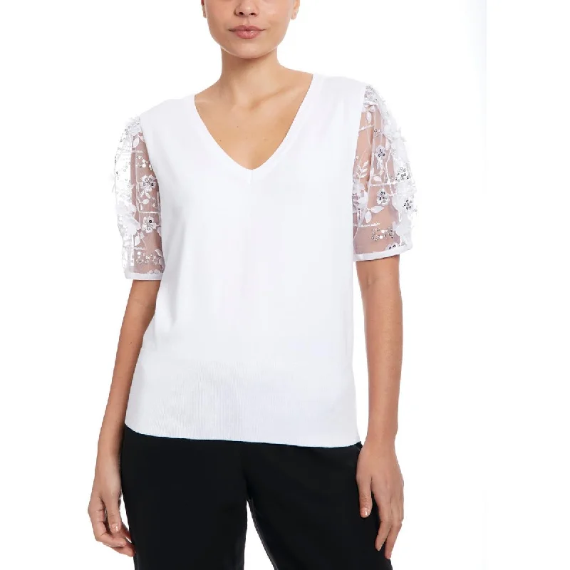 Joseph A. Womens Illusion Applique V-Neck Sweater Mesh Fabric Canvas Fabric Denim Fabric Joseph A. Womens Illusion Applique V-Neck Sweater Mesh Fabric Canvas Fabric Denim Fabric