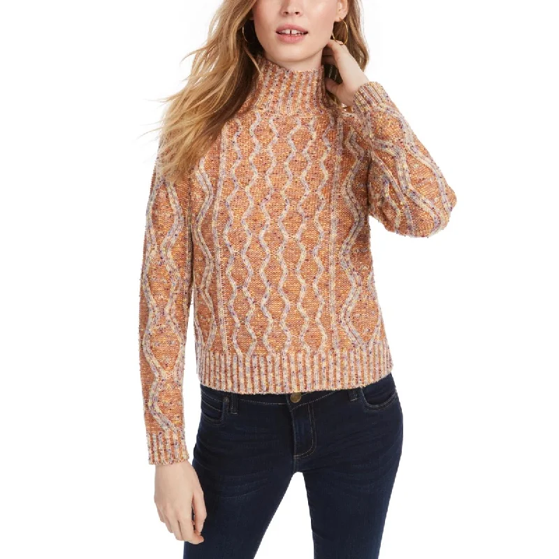 Kit & Sky Womens Knit Ribbed Trim Mock Turtleneck Sweater Beaded Sweater Sequined Faux Fur