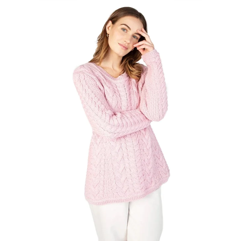 Ladies Primrose Cable Round Neck Sweater Pale Pink Soft Cozy Warm