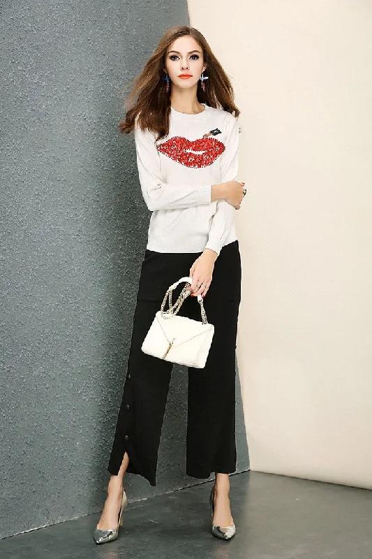 Lips Sweater W/ Beaded Flower Detail Boxy Sweater Fitted Sweater A-Line