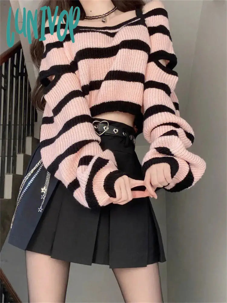Lunivop Y2K Vintage Pink Striped Cropped Sweater Women Harajuku Off Shoulder Knitted Jumper Korean Fashion Casual Knitwear Tops Real Fur Shearling Chenille Lunivop Y2K Vintage Pink Striped Cropped Sweater Women Harajuku Off Shoulder Knitted Jumper Korean Fashion Casual Knitwear Tops Real Fur Shearling Chenille
