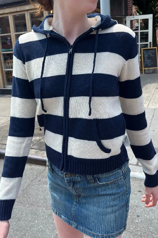 Alana Wool Striped Zip Up Sweater Boat Neck Shawl Collar Notched Collar