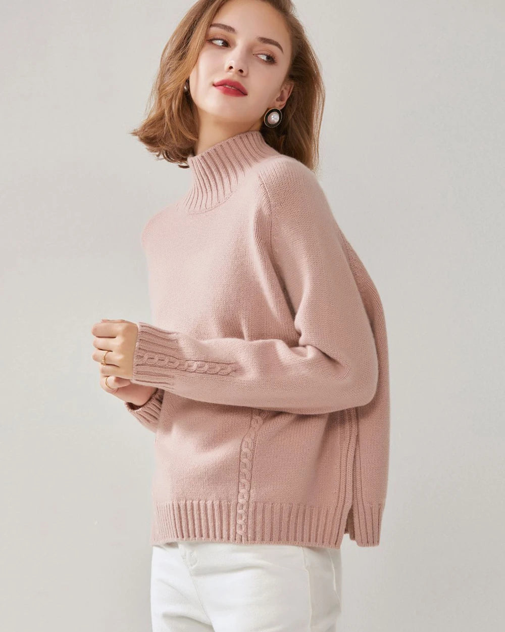 Mock Neck Cable Knit Cashmere Sweater Ribbed Striped Patterned