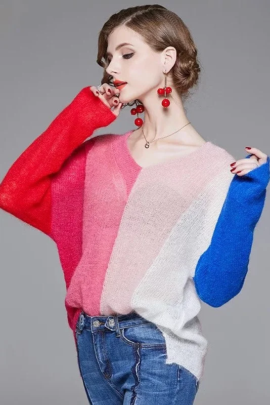 Multi-Color Oversized Sweater Solid Color Striped Floral Print