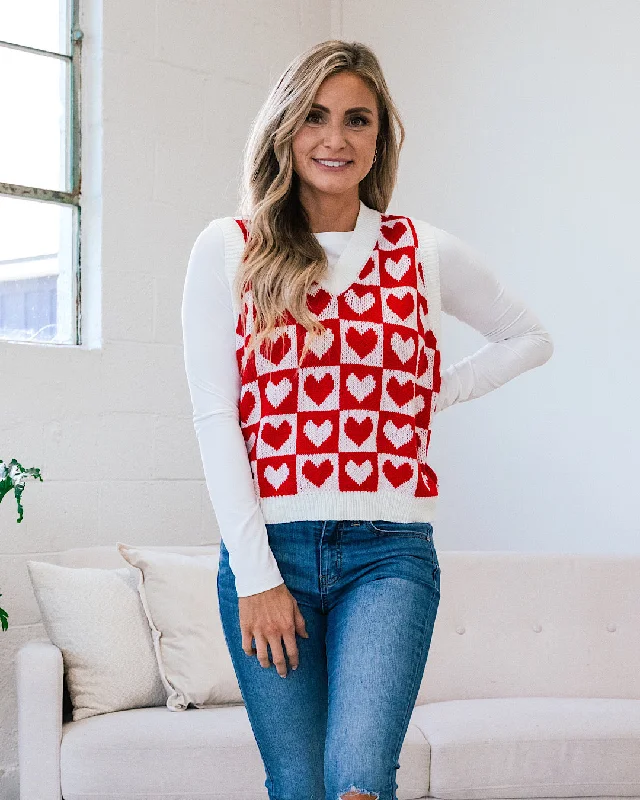 Vera Red Checkered Heart Sweater Vest FINAL SALE Mesh Blend Leather Blend Suede Blend