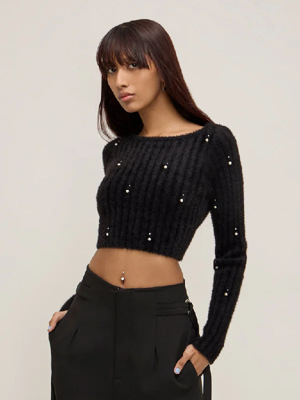 Nuon Black Faux-Fur Pearl Embellished Sweater