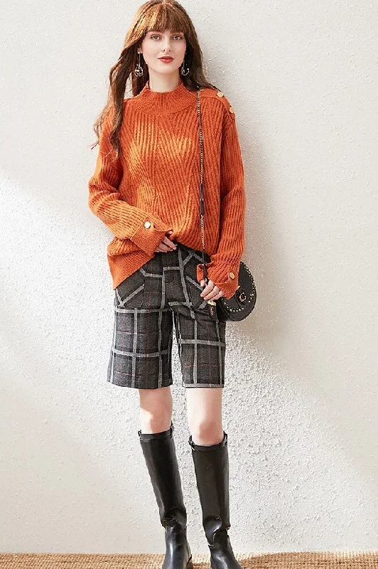 Orange Wool Sweater W/ Gold Buttons Boat Neck Shawl Collar Notched Collar