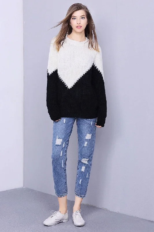Oversized Contrast Sweater Toggled Drawstring Belted