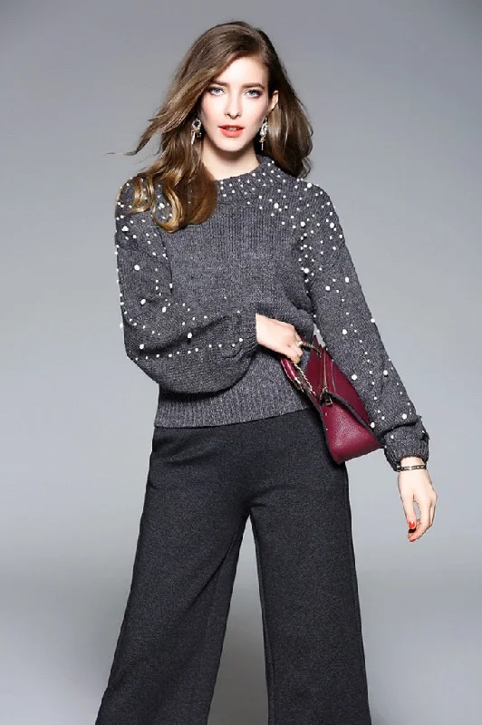 Oversized Sweater W/ Pearl Detail Welt Pockets Slit Pockets Flap Pockets