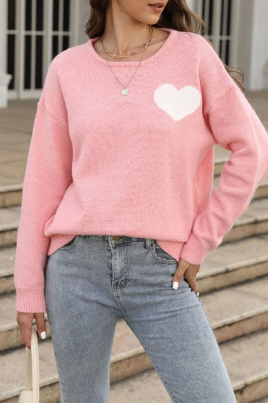 Pink Knitted Sweater With Heart Pattern Embroidered Appliqued Beaded