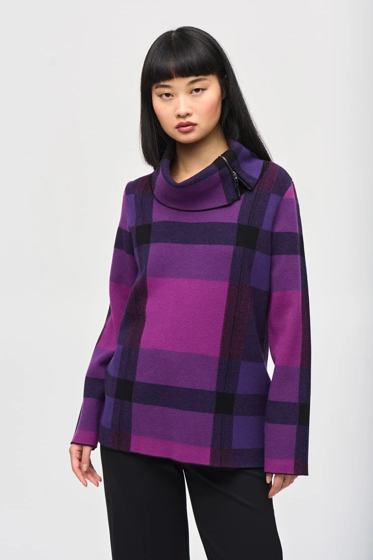 Plaid Cowl Neck Sweater - Empress and Black Houndstooth Herringbone Solid