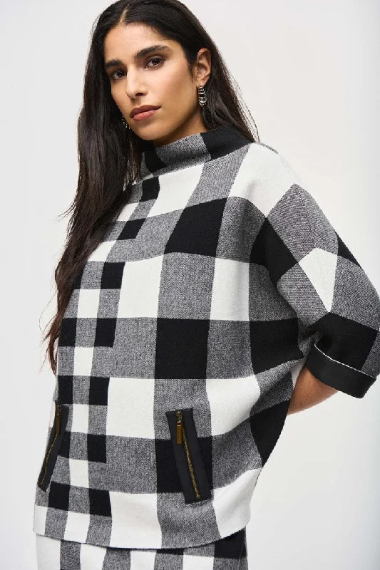 Plaid Jacquard Knit Sweater - Black and Vanilla Oversized Loose Flowy