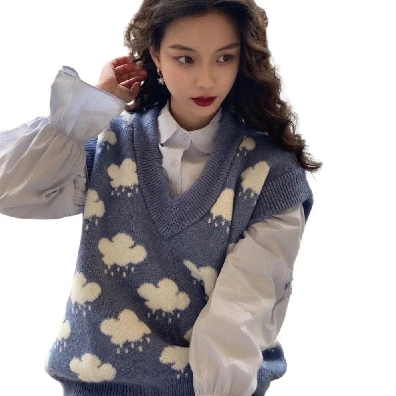 Rain Clouds Sweater Vest Women's Sleeveless Jumper Korean Harajuku V-neck Vintage Aesthetic Student Geek Chic Stylish Fashionable Trendy Rain Clouds Sweater Vest Women's Sleeveless Jumper Korean Harajuku V-neck Vintage Aesthetic Student Geek Chic Stylish Fashionable Trendy