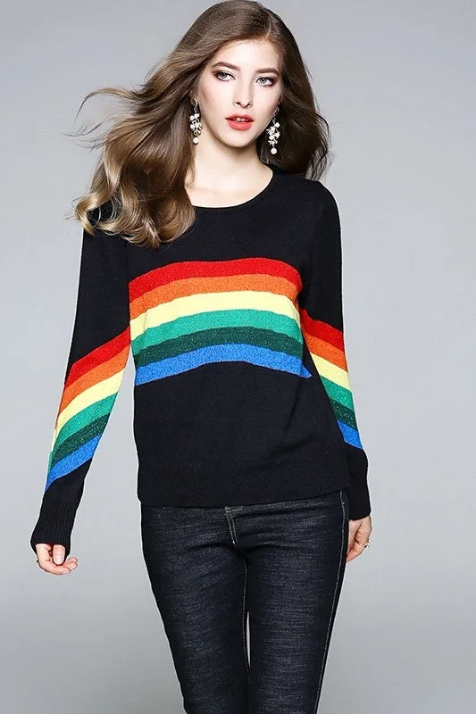 Rainbow Sweater W/ Silver Thread Ribbed Striped Patterned