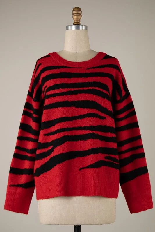Red & Black Zebra Print Sweater Print Jacquard Patchwork