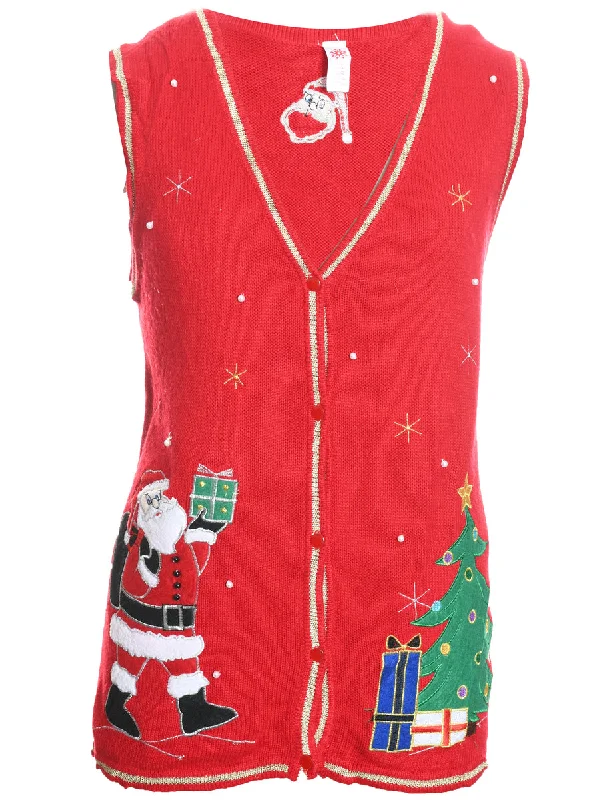 Santa Claus Design Red Christmas Sweater Vest - L Fitted Loose Oversized