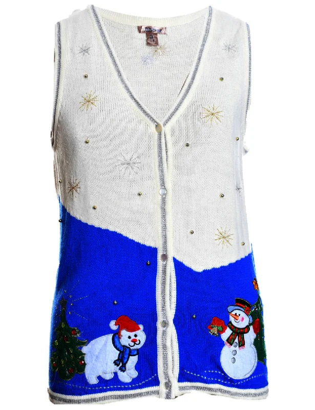 Snowman Christmas Sweater Vest - M Cable Knit Ribbed Knit Lace Knit