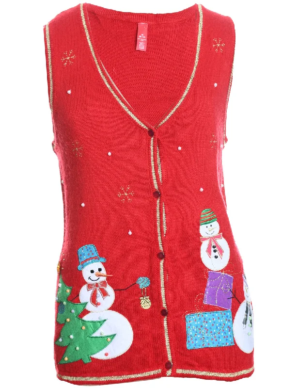 Snowman Christmas Sweater Vest - M High Neck Crew Neck V-Neck