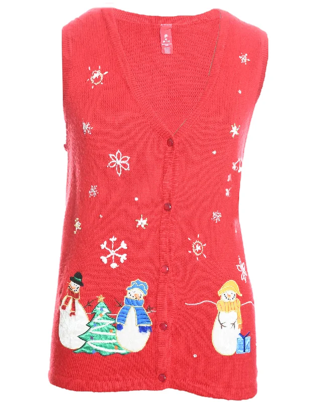 Snowman Christmas Sweater Vest - M Front Pockets Side Pockets Patch Pockets