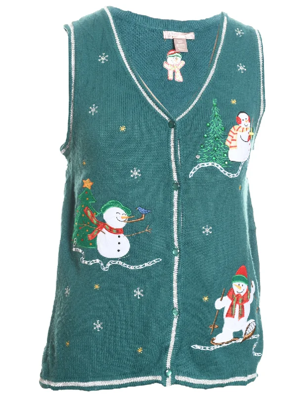 Snowman Design Knit Christmas Sweater Vest - S Zippered Front Buttoned Front Snap Front Snowman Design Knit Christmas Sweater Vest - S Zippered Front Buttoned Front Snap Front