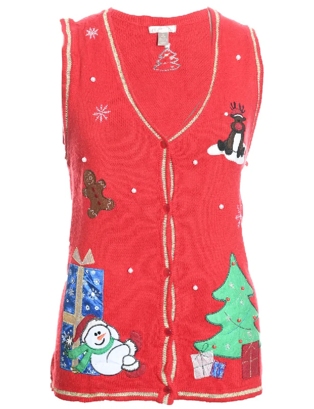 Snowman Knit Design Christmas Sweater Vest - M Welt Pockets Slit Pockets Flap Pockets Snowman Knit Design Christmas Sweater Vest - M Welt Pockets Slit Pockets Flap Pockets