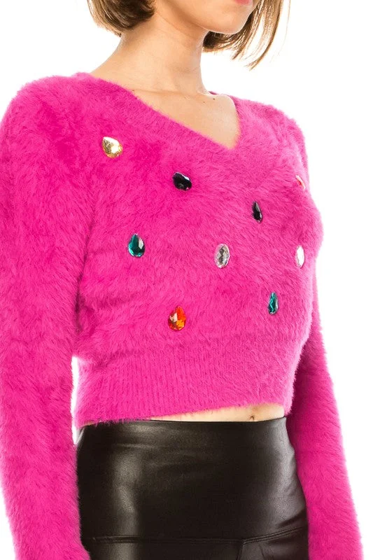 Soft & Fuzzy Jeweled Cropped Sweater in Fuchsia Thin Thick Dense