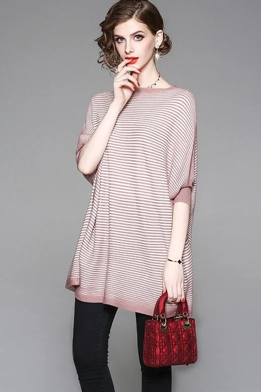 Striped Dolman Sleeve Wool Sweater Glossy Satin Silk