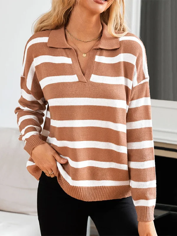 Blue Zone Planet |  Striped Johnny Collar Long Sleeve Sweater Spandex Rayon Corduroy