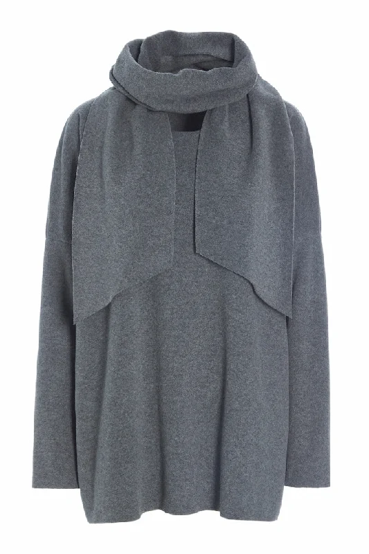 SWEATER WITH SCARF - 1338 - GREY Solid Print Embellished