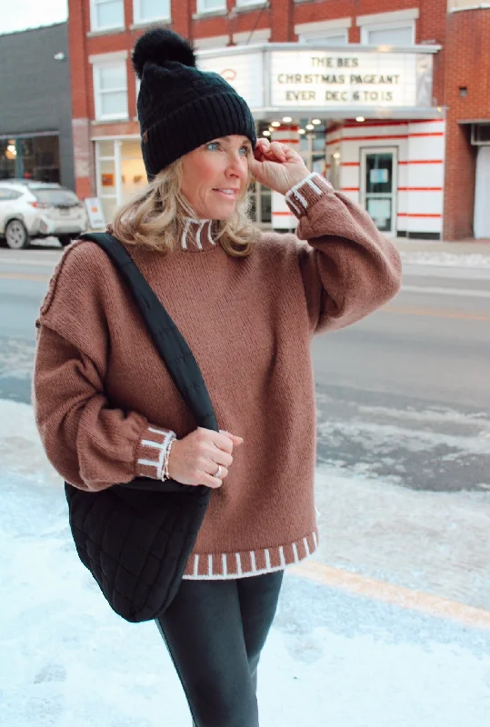 Taking Note Mock Neck Sweater in Brown Tailored Straight A-Line