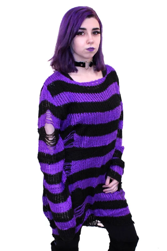 Unisex Purple & Black Striped Distressed Sweater by VampireFreaks Hooded Sweater Collared Sweater Shawl Collar