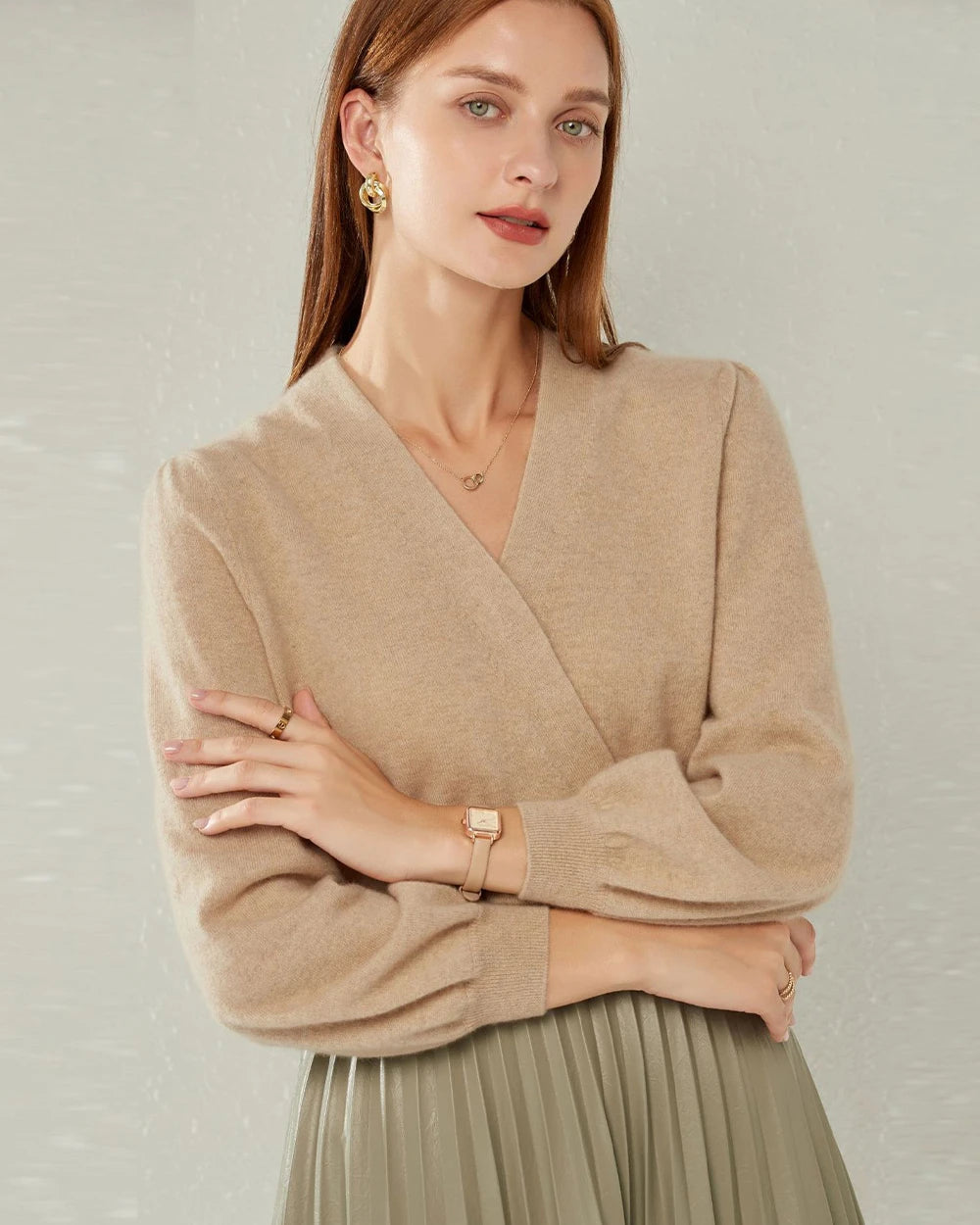 V-neck Lantern Sleeves Cashmere Sweater Mesh Fabric Canvas Fabric Denim Fabric