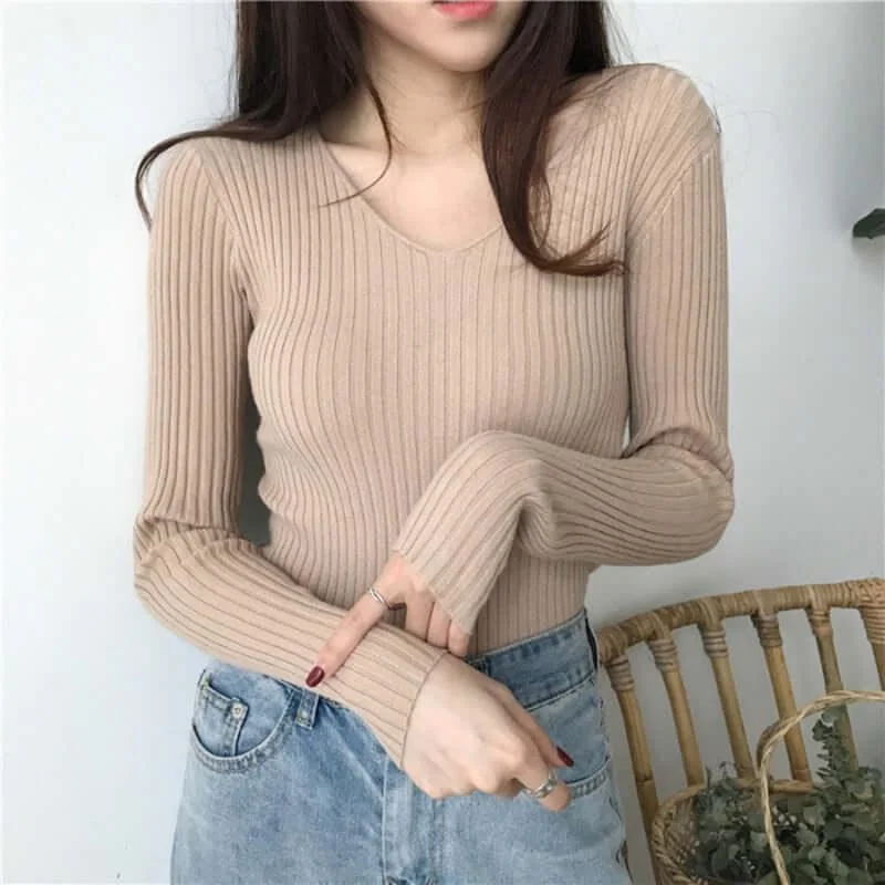 V-Neck Slim Knitted Sweater Toggled Drawstring Belted