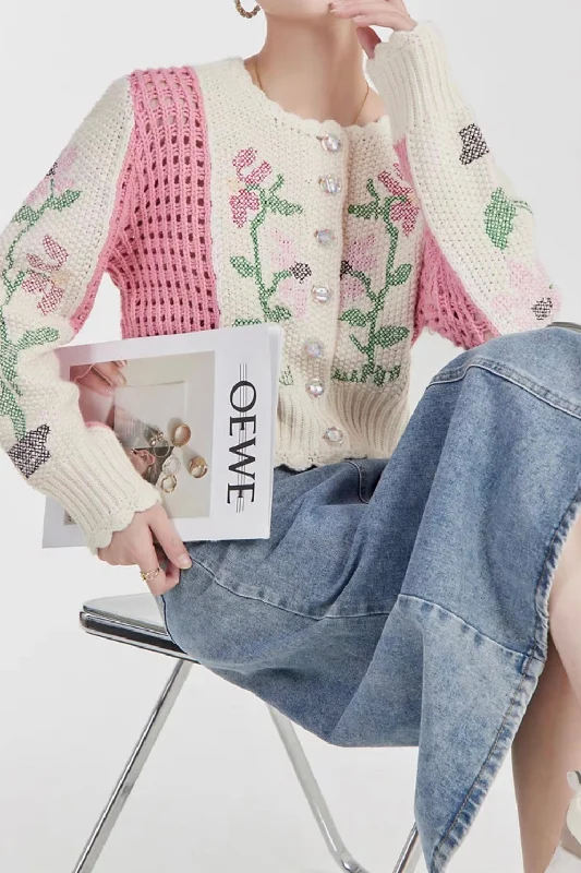 White and Pink Contrast Sweater Tailored Straight A-Line