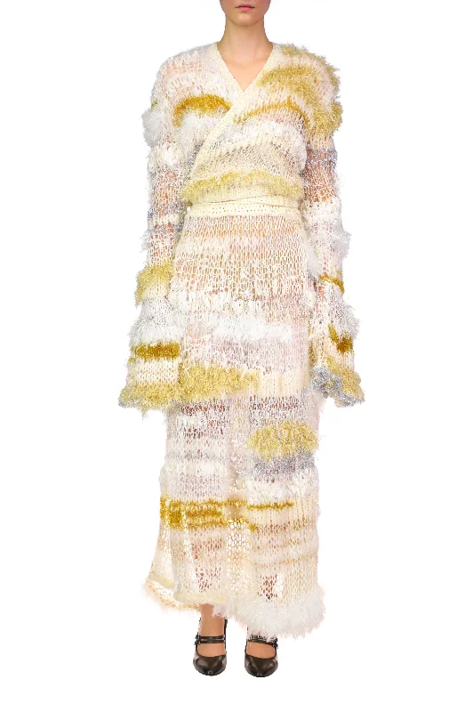 White And Gold Hand Loose Knit Wrap Sweater Velvet Chenille Corduroy