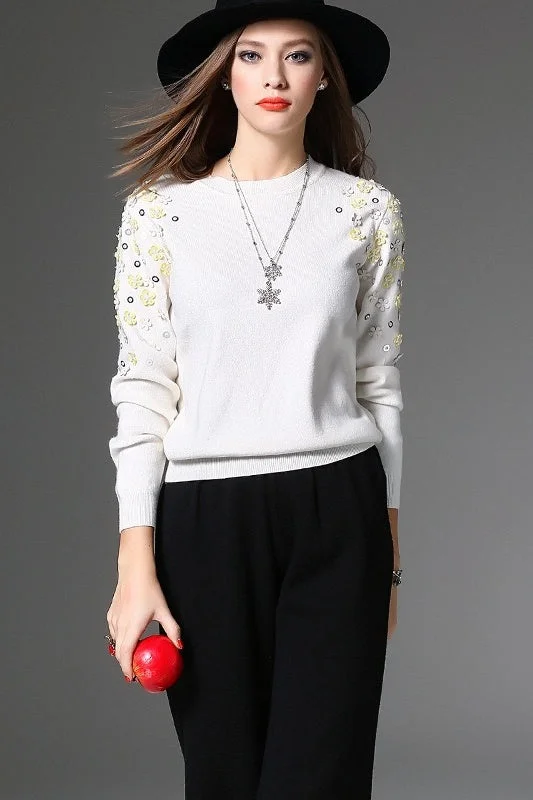 White Sweater W/ 3D Flowers Elegant Classic Vintage