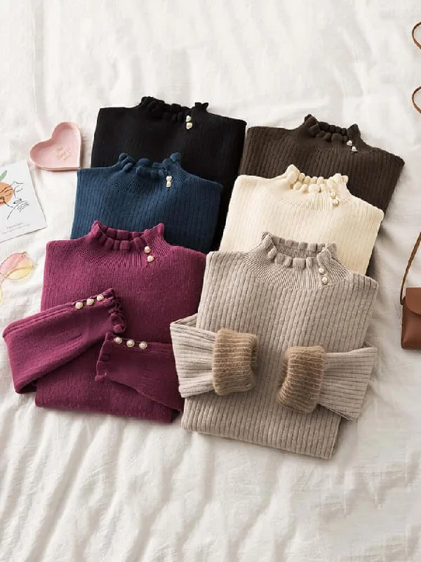 Winter Ruffled Mock Neck Sweaters Wool Fabric Cashmere Fabric Tweed Fabric
